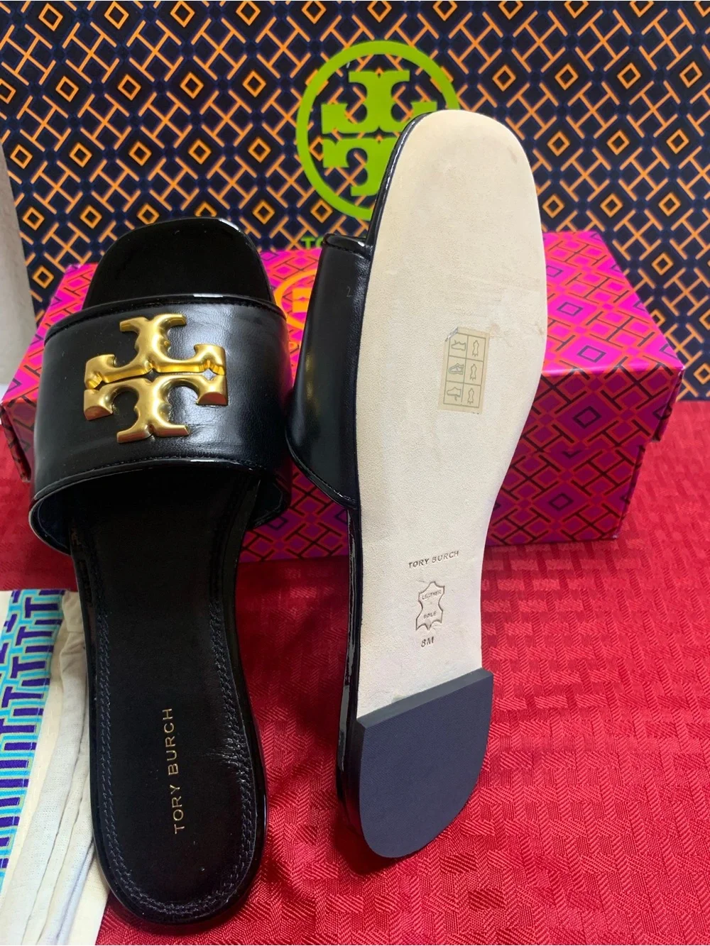Tory Burch Perfect Black Eleanor Leather Slides with Gold Logo Hardware s.8